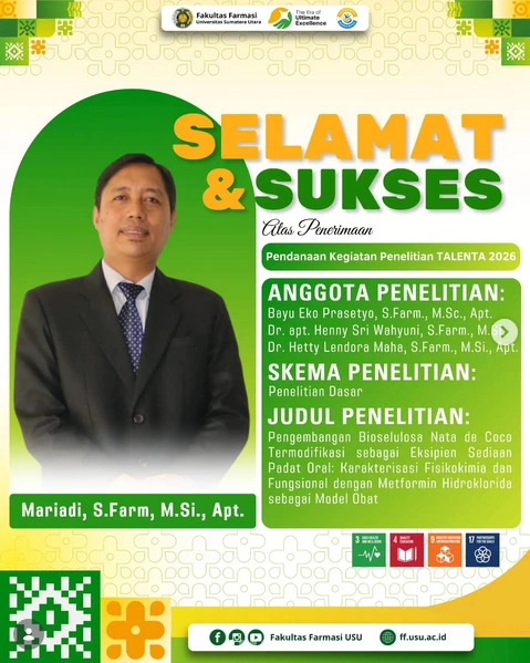 Dosen Fakultas Farmasi USU Raih Pendanaan Penelitian TALENTA 2026 melalui Riset Pengembangan Bioselulosa Nata de Coco sebagai Eksipien Tablet Oral